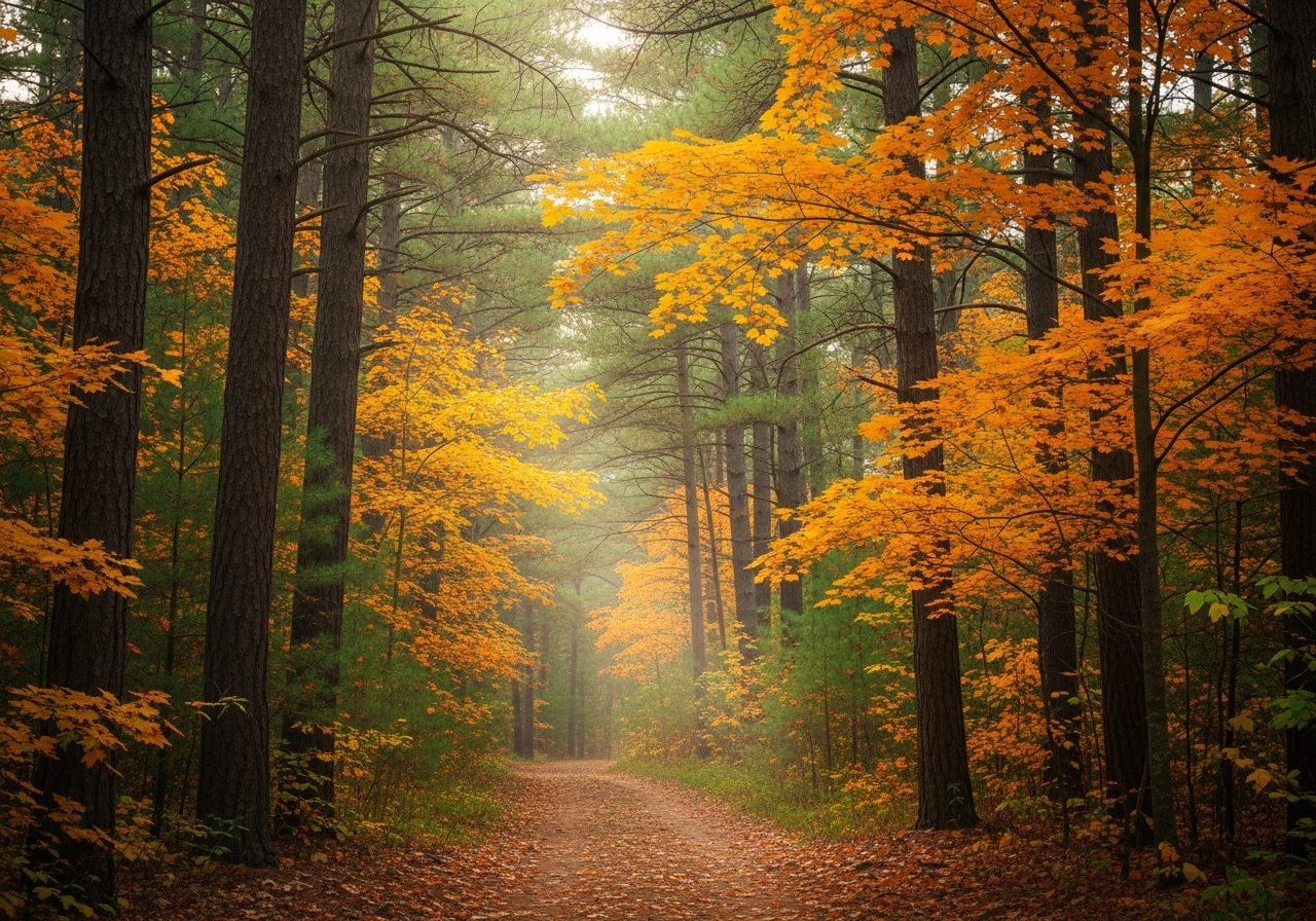A quiet autumn forest path in the Finger Lakes near the Dryden practice